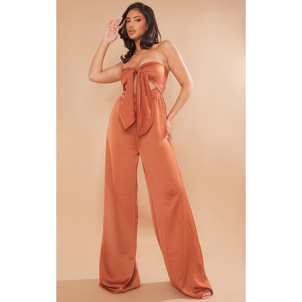 NWT Pretty Little Thing Chocolate Tie Bust Tie Sleeve Satin Jumpsuit Size 6 wide